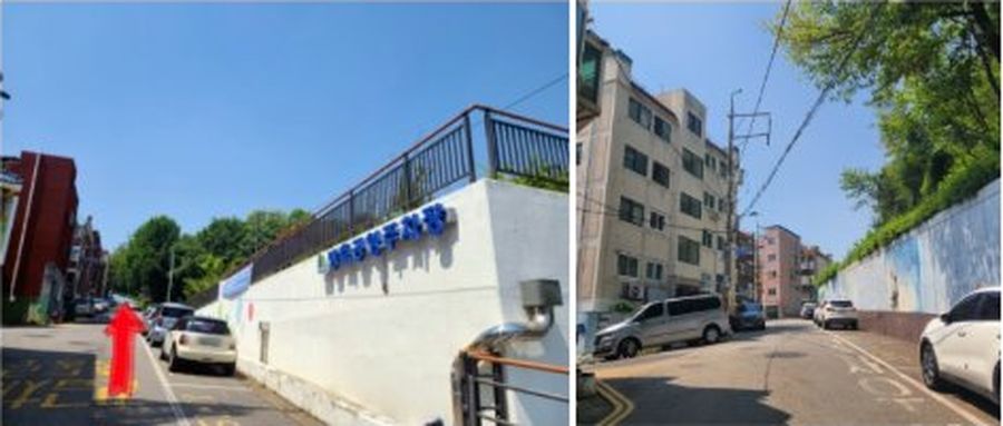방축 공영주차장에서 금맥한의원 가는 길 2단계 — 화살표 방향으로 나오기